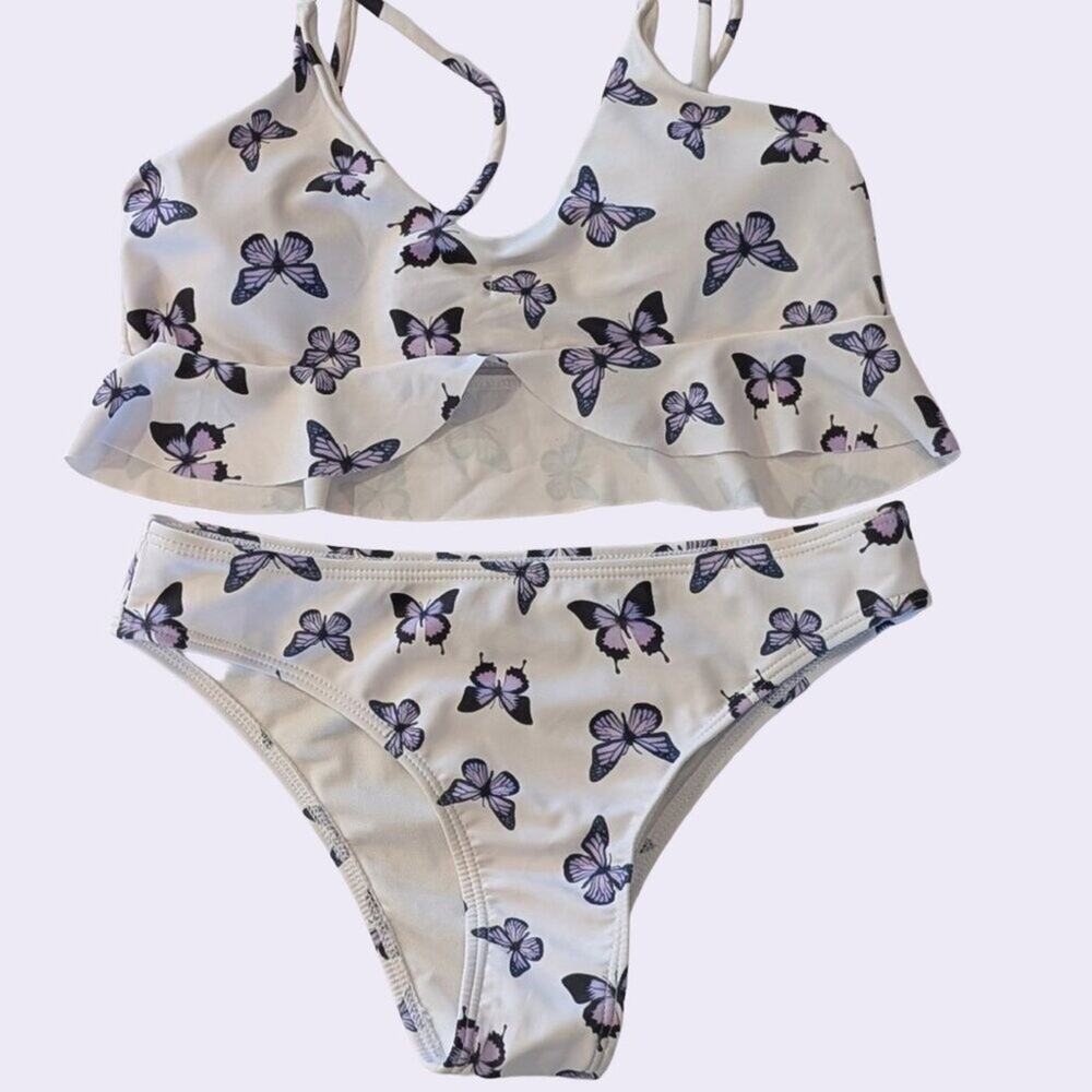 Butterfly Print Bikini Set Girls Size 150 Youth L Y2K Lavender Swim